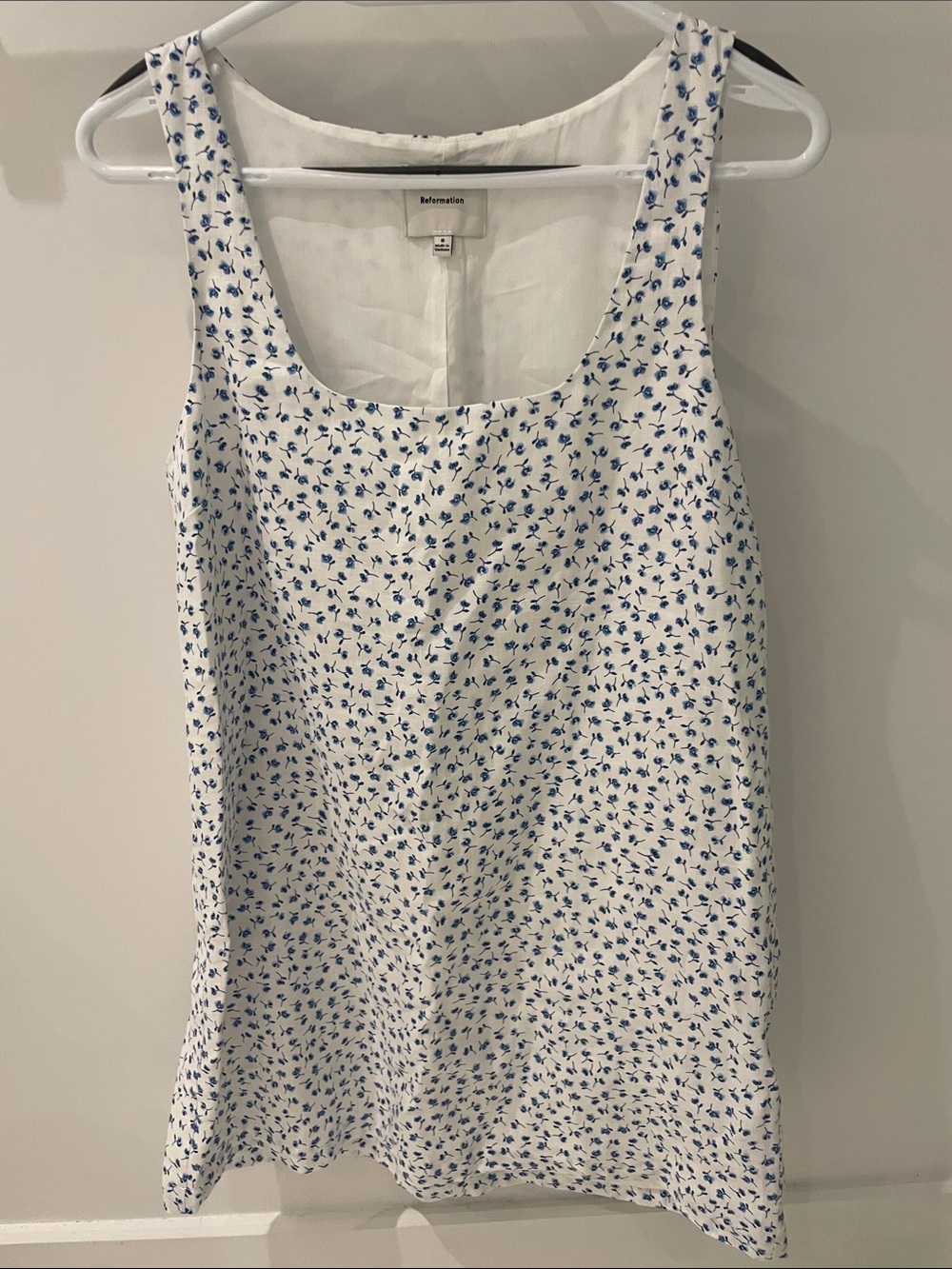 Reformation white dress with blue floral